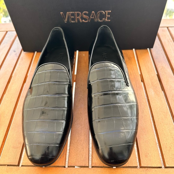 💯 - New Authentic Versace Men Croc Embossed Calfskin Smoking Slipper - Picture 9 of 16